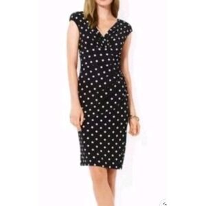 Lauren‎ Ralph Lauren Faux Wrap Dress Ruched Surplice Black White Polka Dot Sz 18